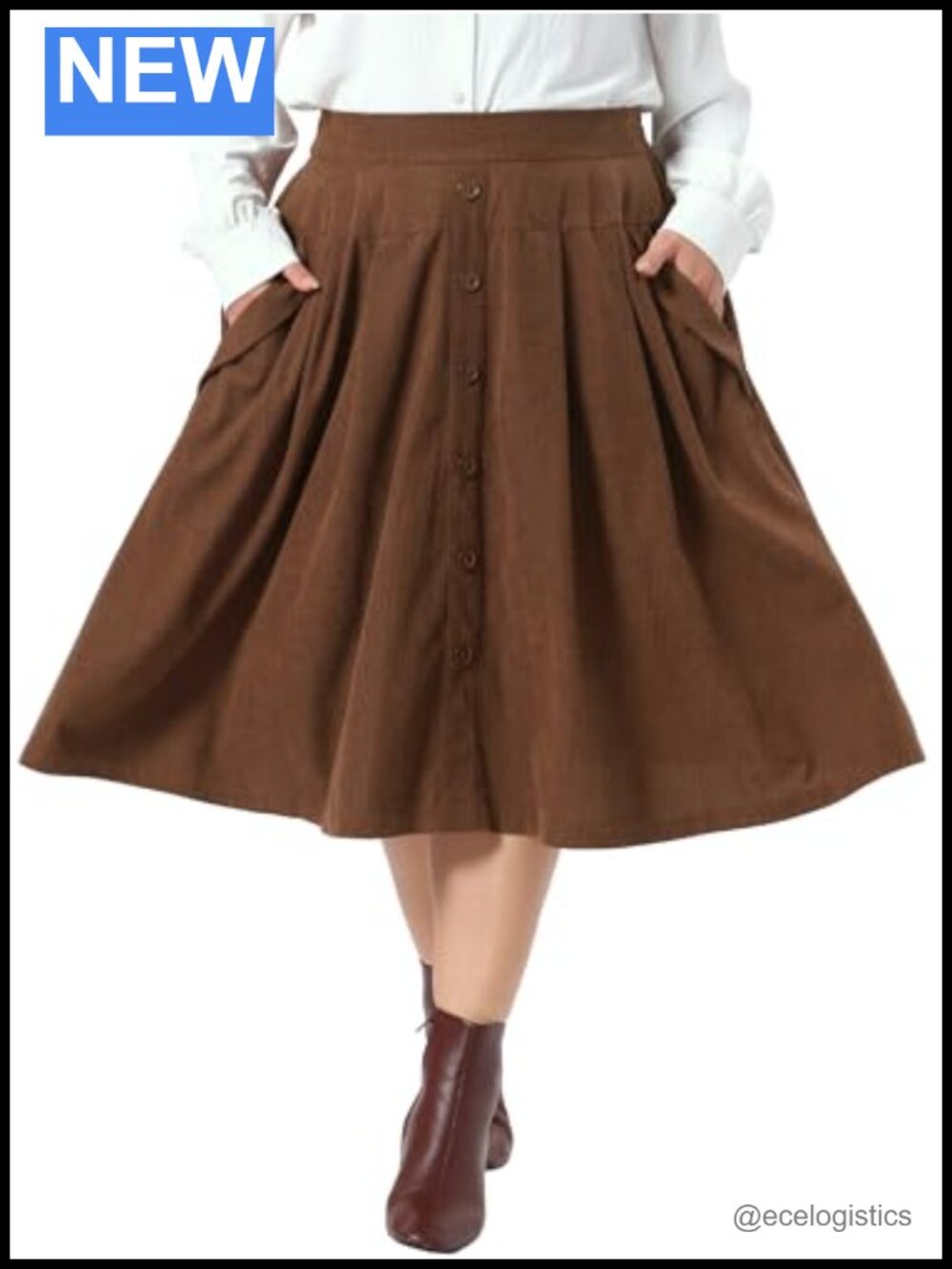 Plus Size Corduroy Midi Skirt High Waist A-Line Button Front